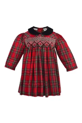 41057-Baby Girl Hand Smocked Plaid Long Sleeve Dress