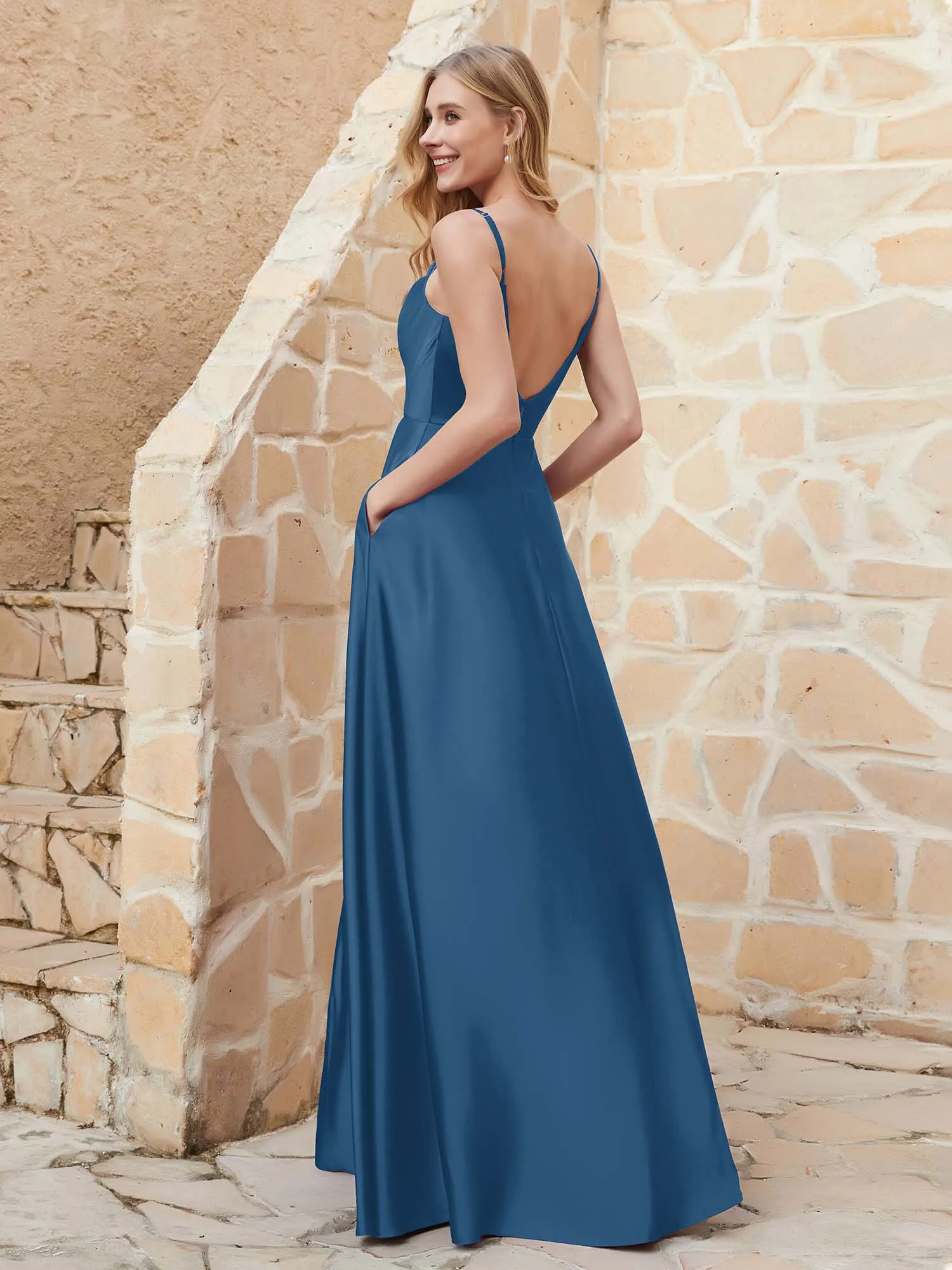 A Line Cowl Neck Satin Dress With Slit Ink Blue Plus Size