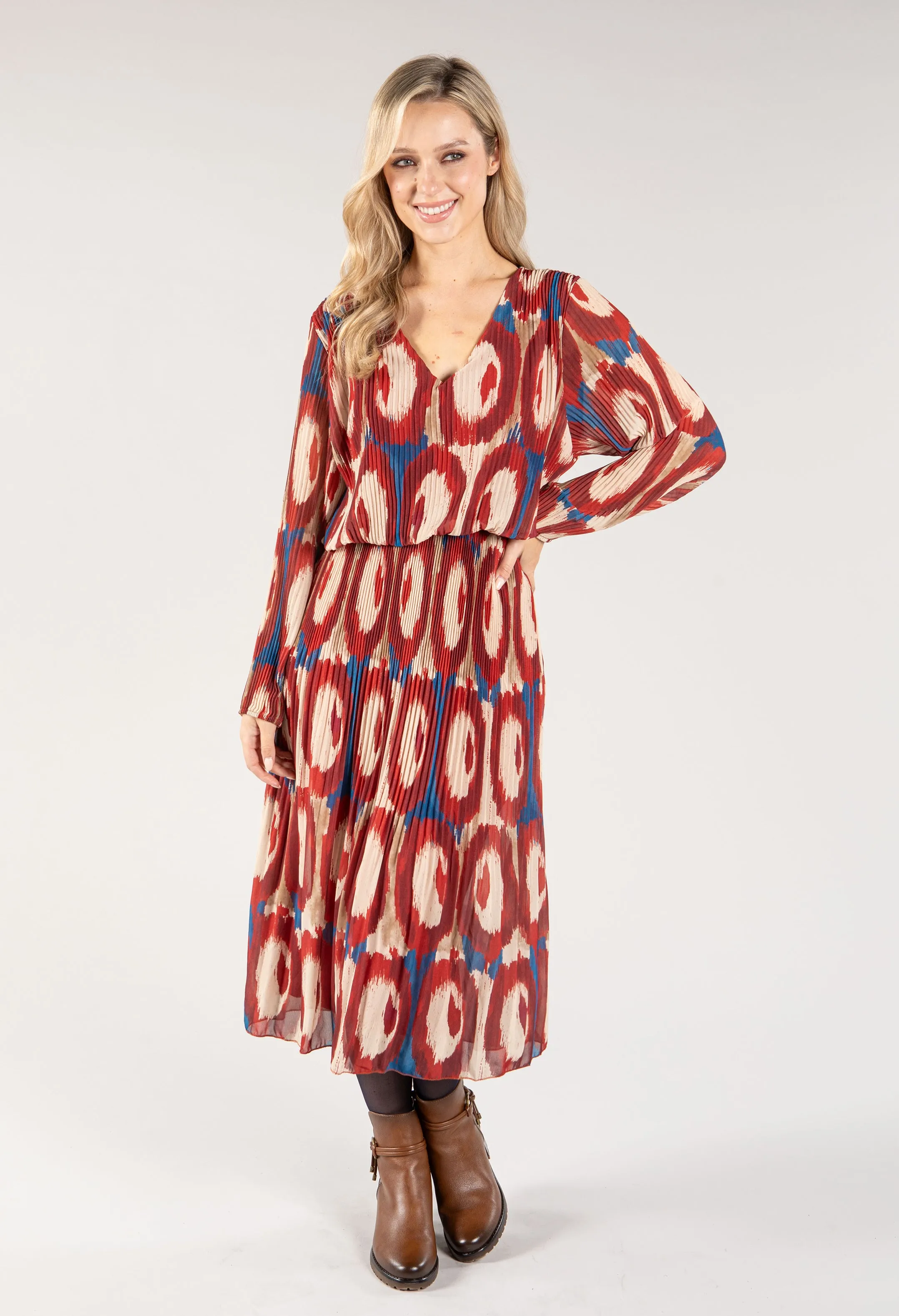 Abstract Print Long Sleeve Plisse Pop Over Dress