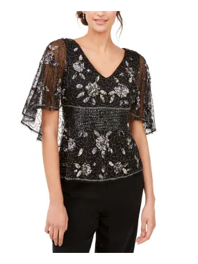ADRIANNA PAPELL Womens Black Embellished Flutter Capelet Sleeves V Neck Evening Top