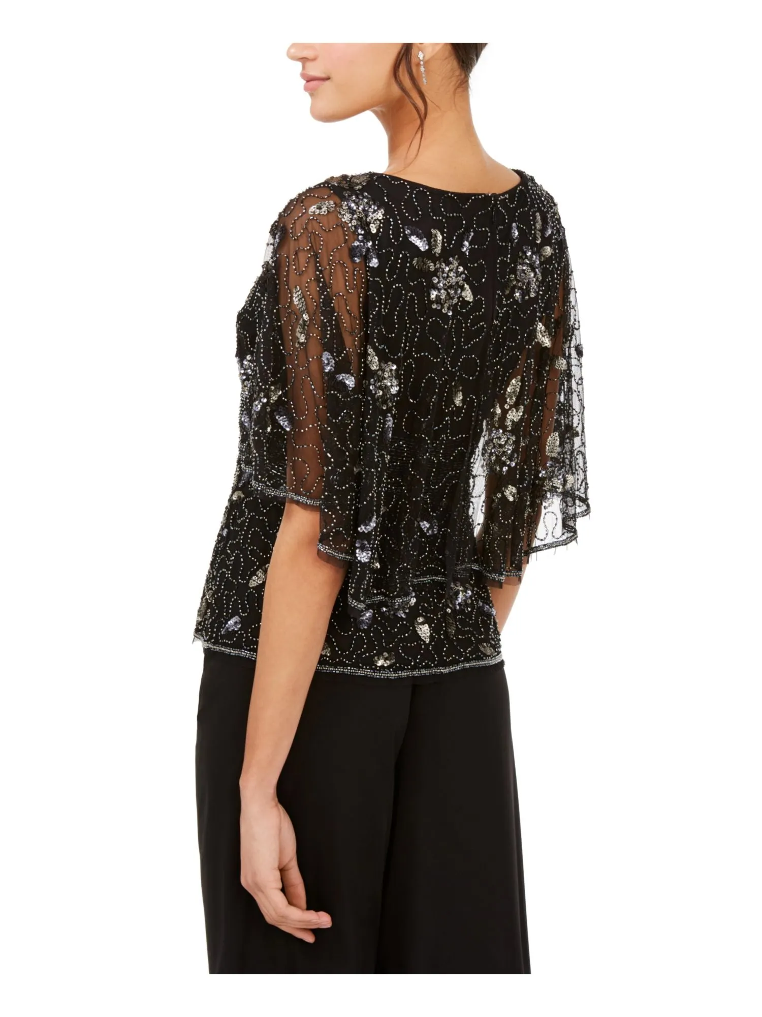 ADRIANNA PAPELL Womens Black Embellished Flutter Capelet Sleeves V Neck Evening Top
