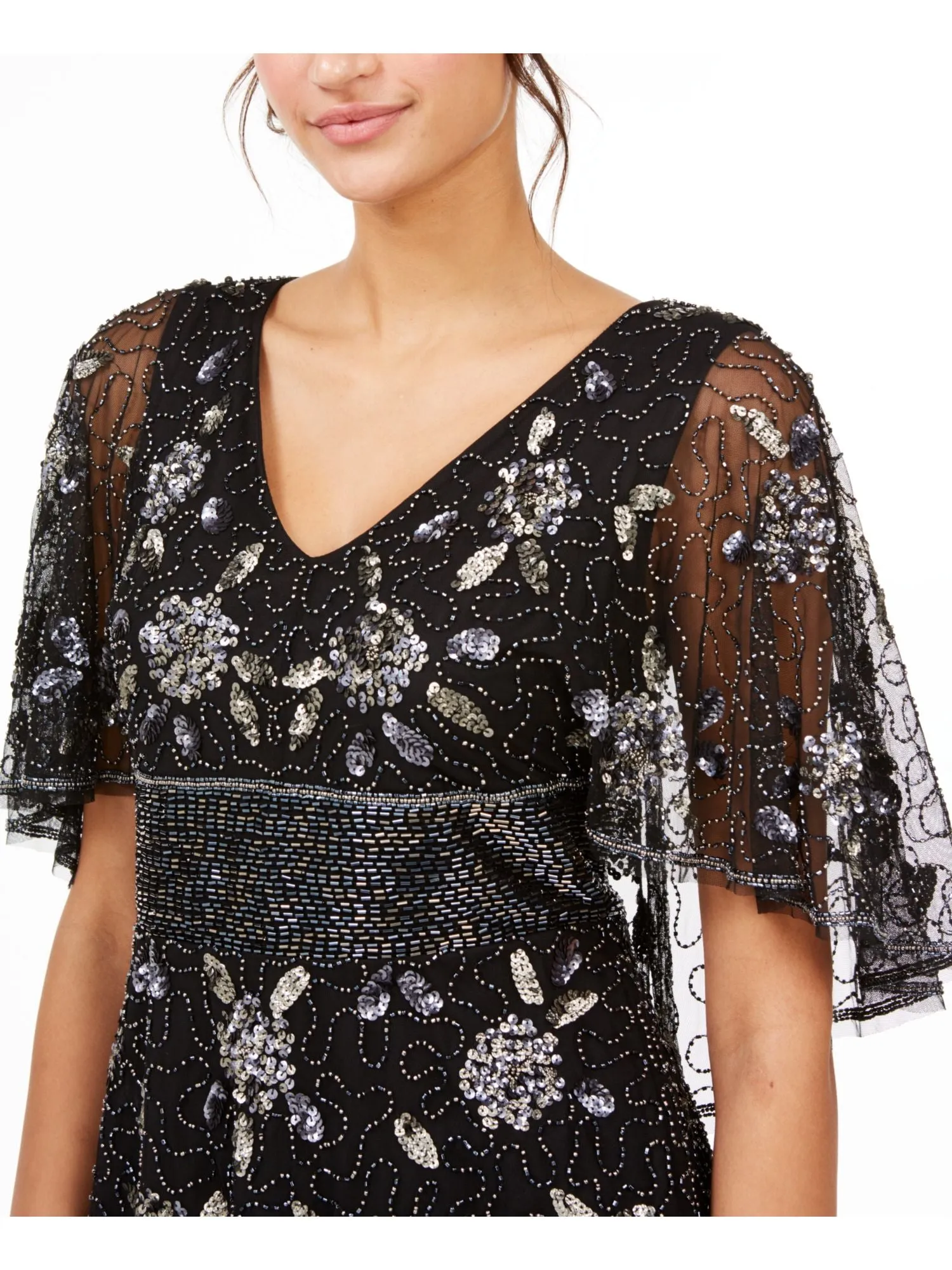 ADRIANNA PAPELL Womens Black Embellished Flutter Capelet Sleeves V Neck Evening Top