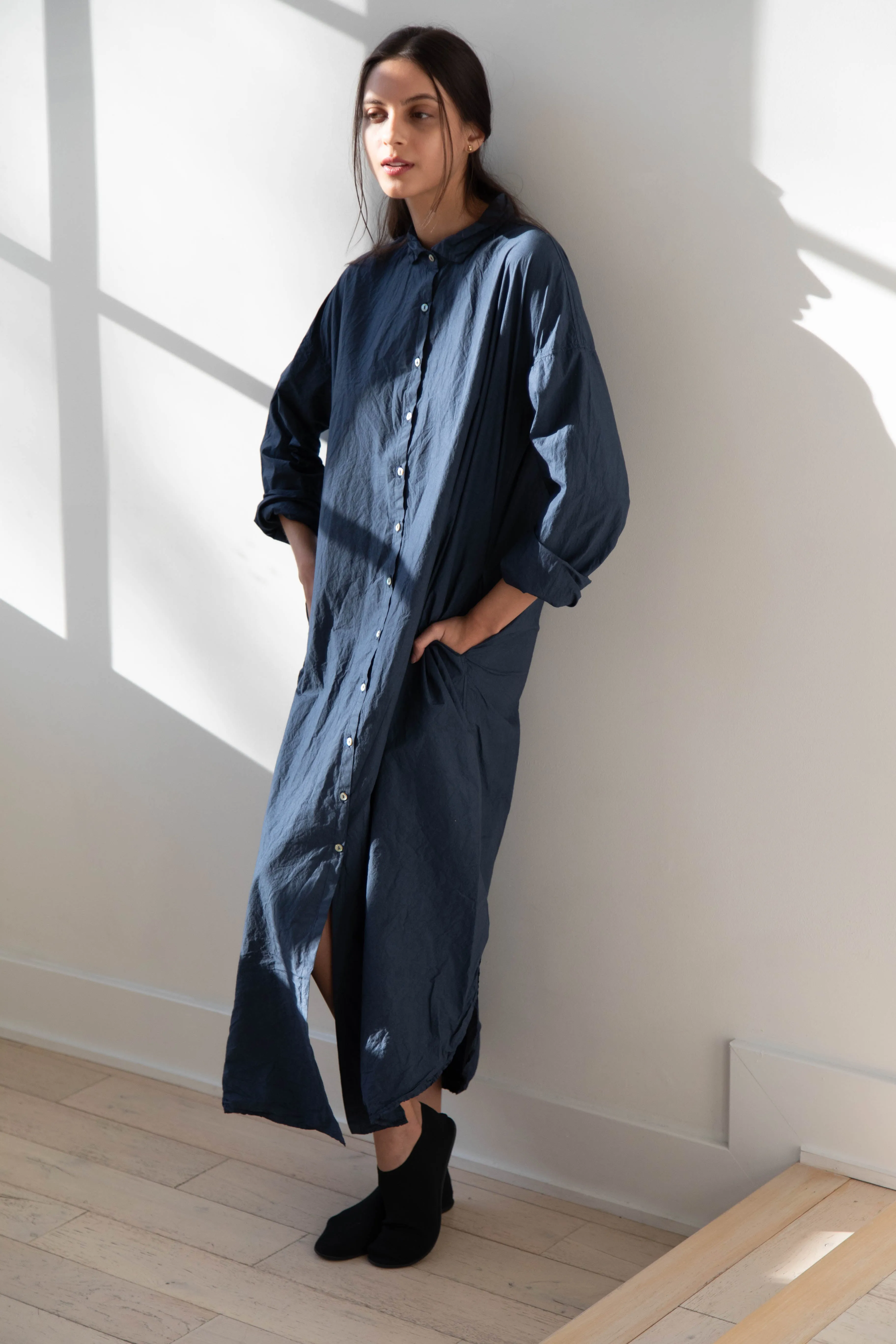 Album di Famiglia | TC Cotton Long Shirt Dress in Navy