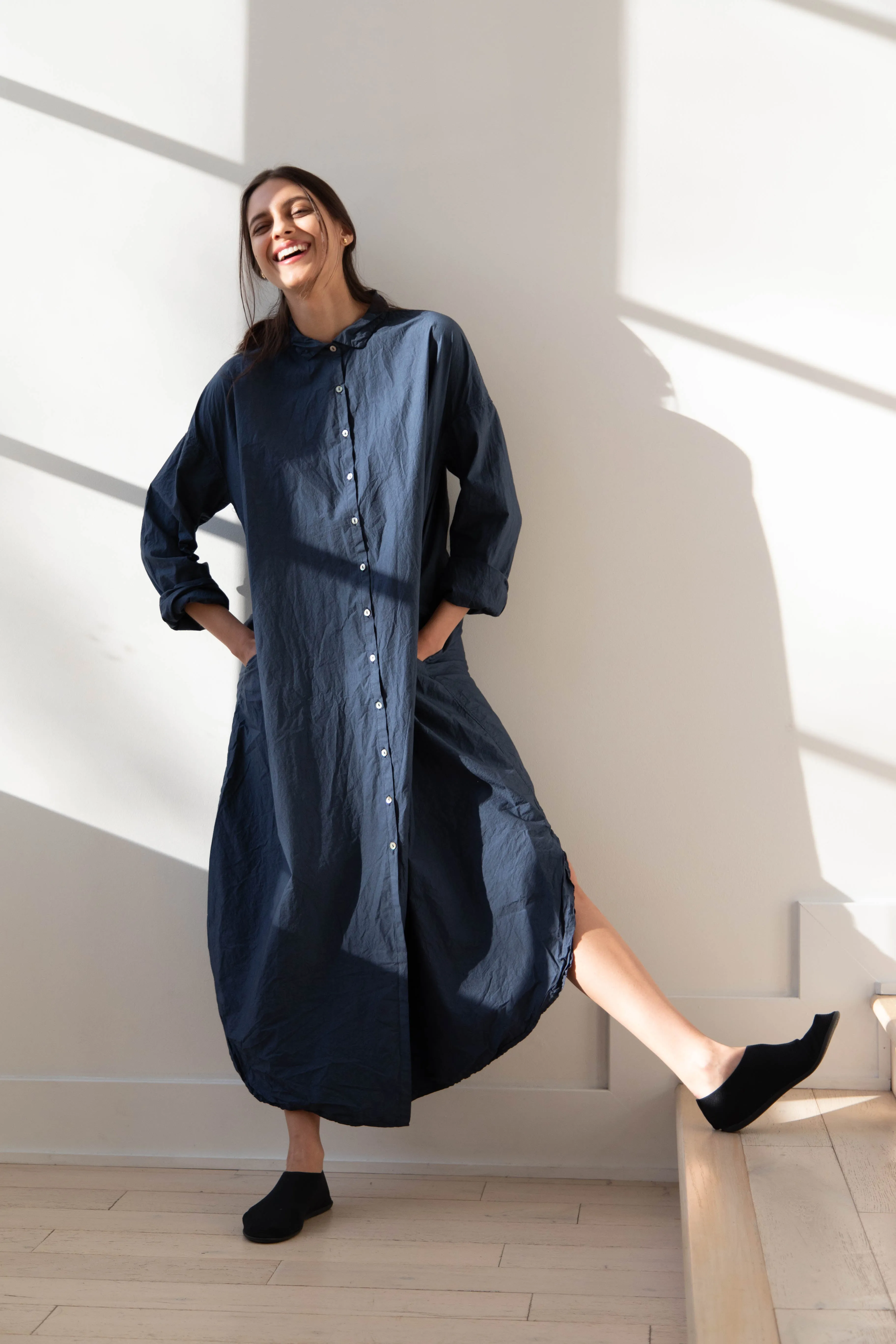 Album di Famiglia | TC Cotton Long Shirt Dress in Navy