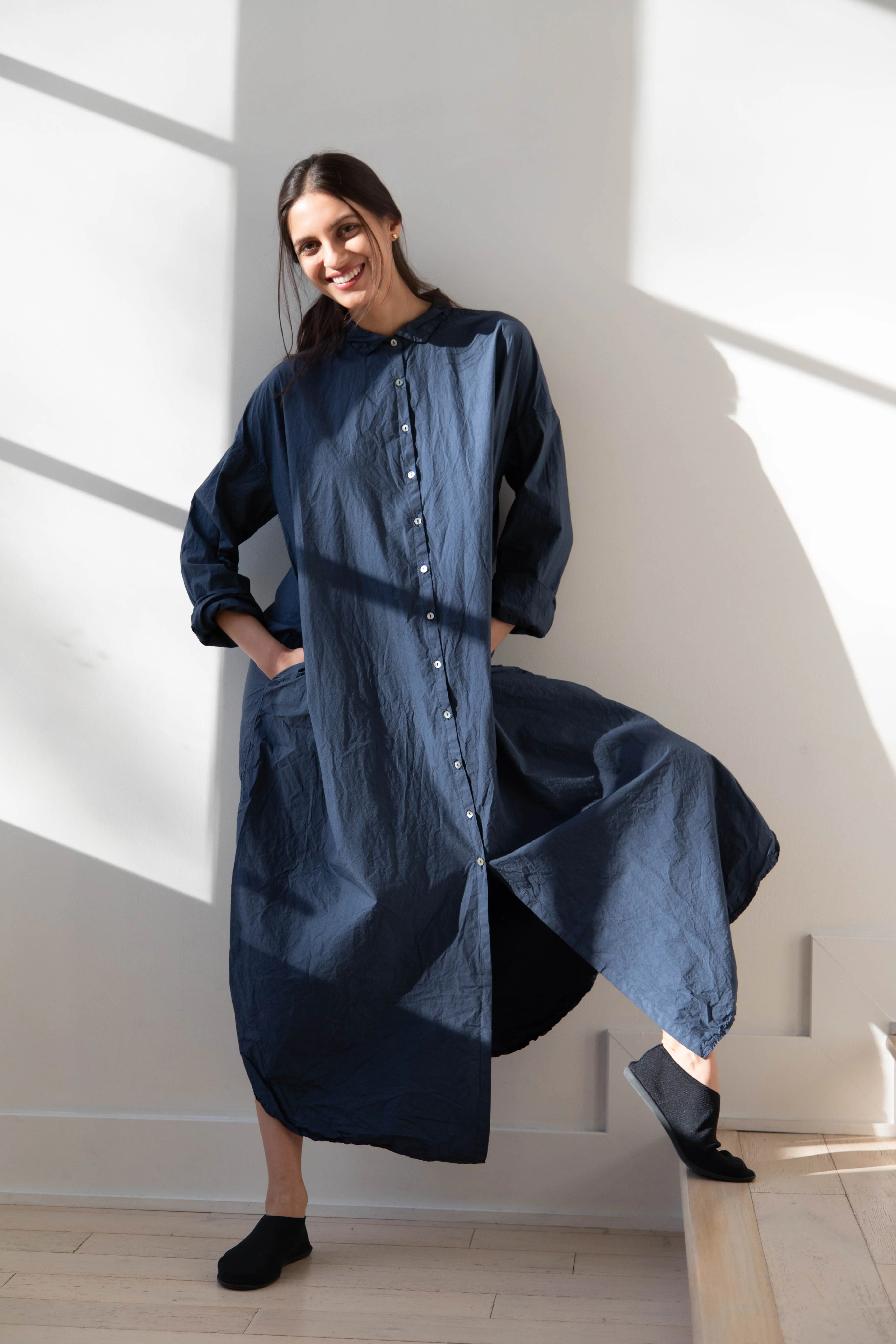 Album di Famiglia | TC Cotton Long Shirt Dress in Navy