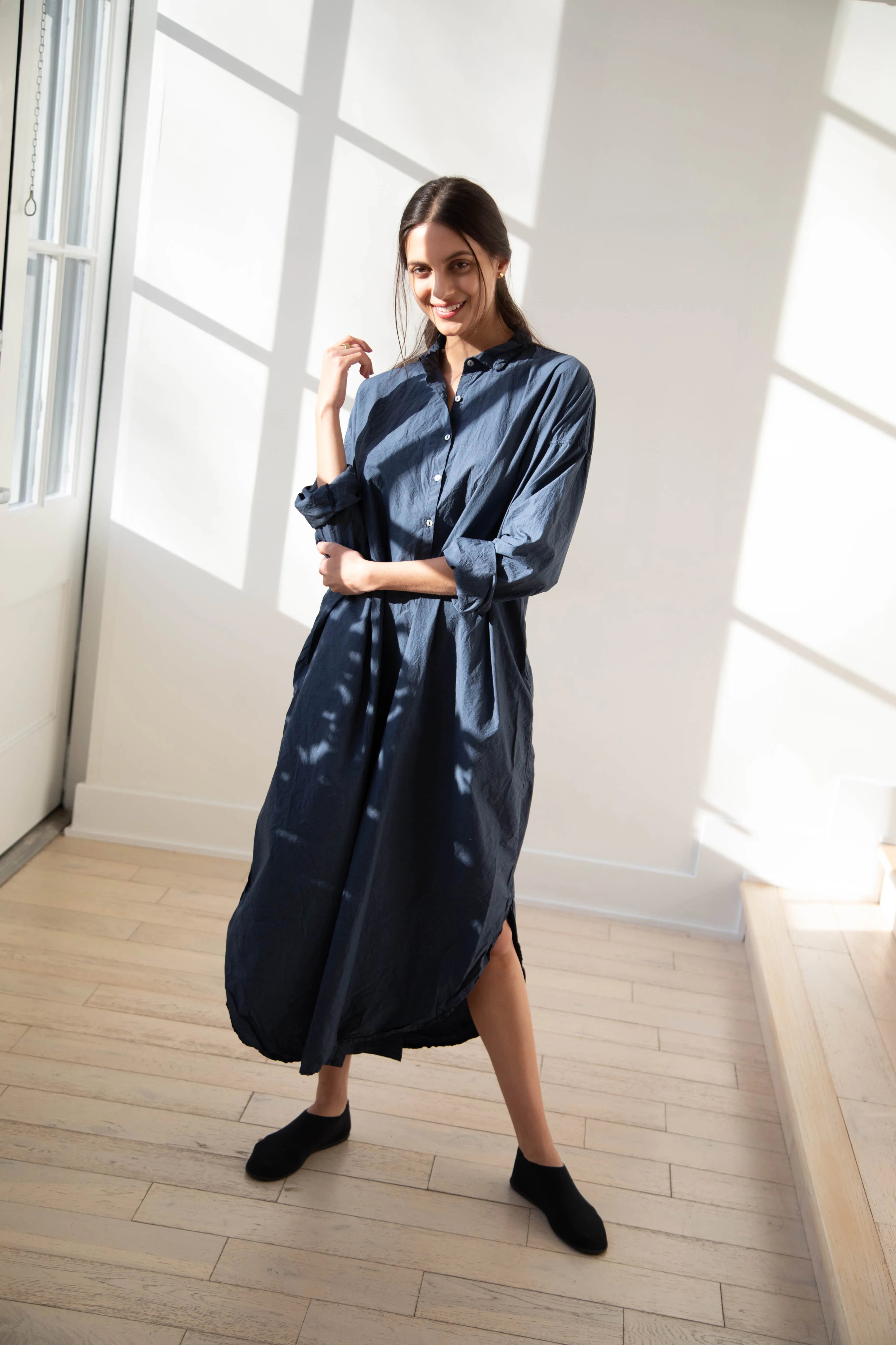 Album di Famiglia | TC Cotton Long Shirt Dress in Navy