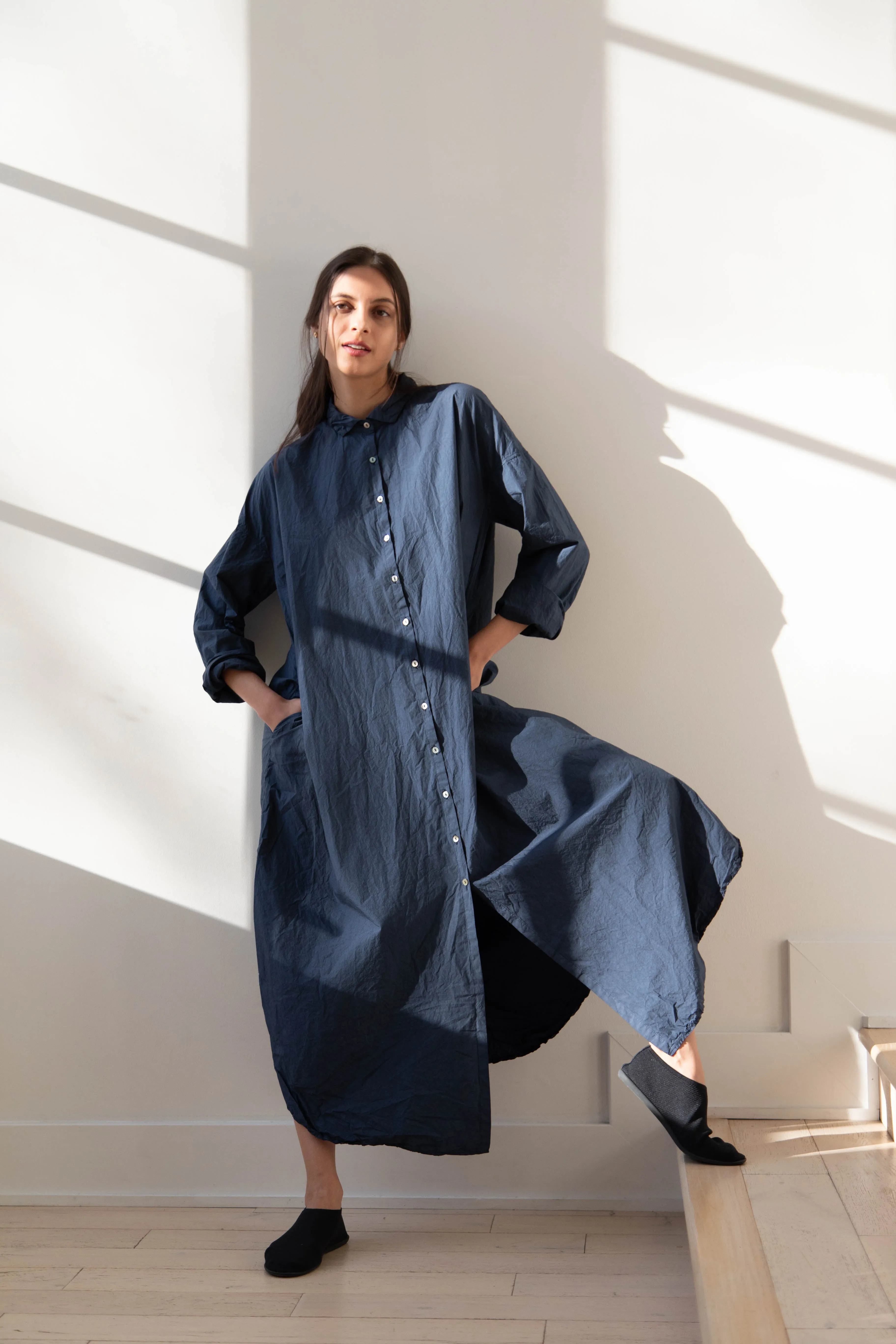 Album di Famiglia | TC Cotton Long Shirt Dress in Navy