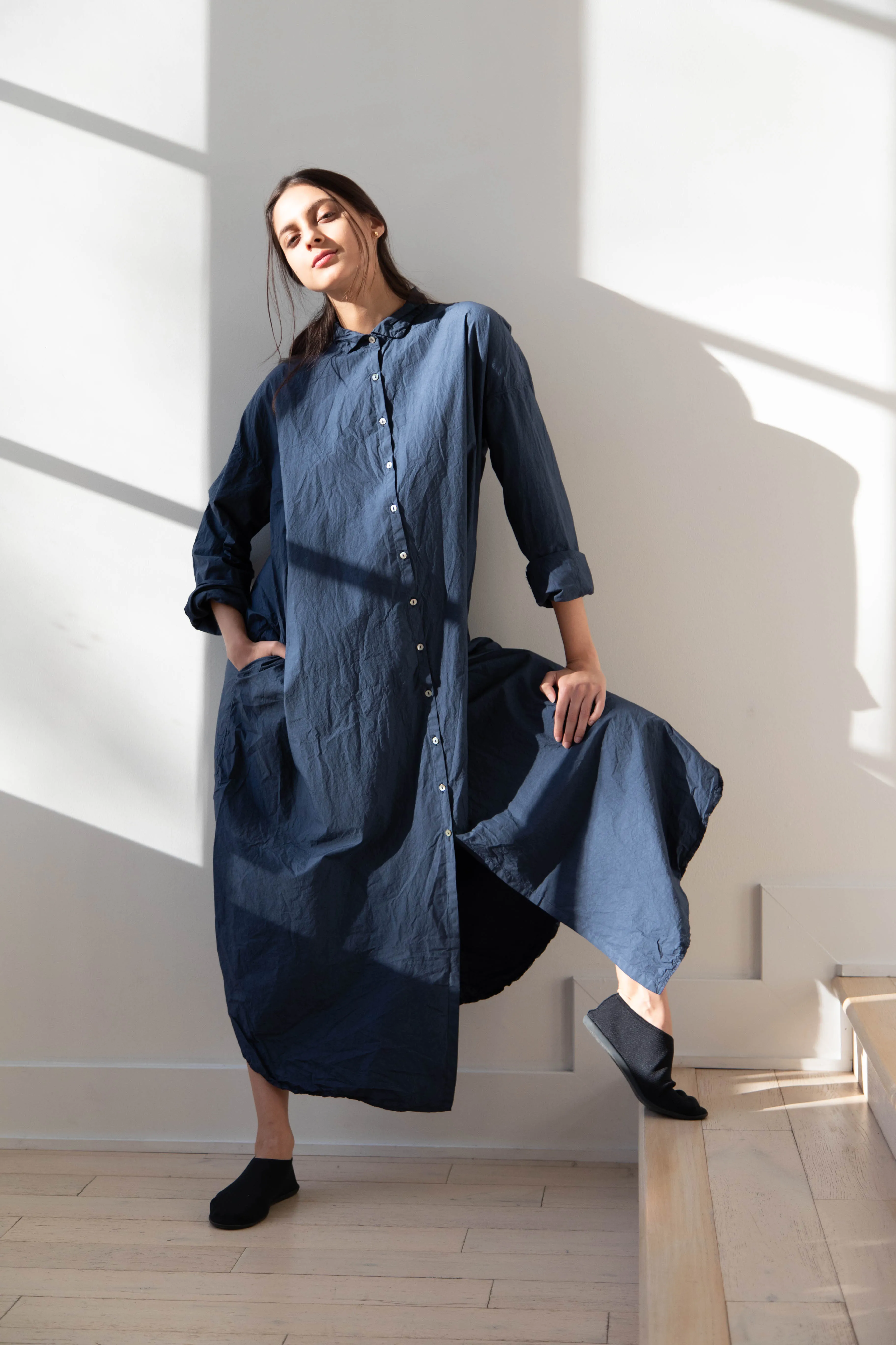 Album di Famiglia | TC Cotton Long Shirt Dress in Navy