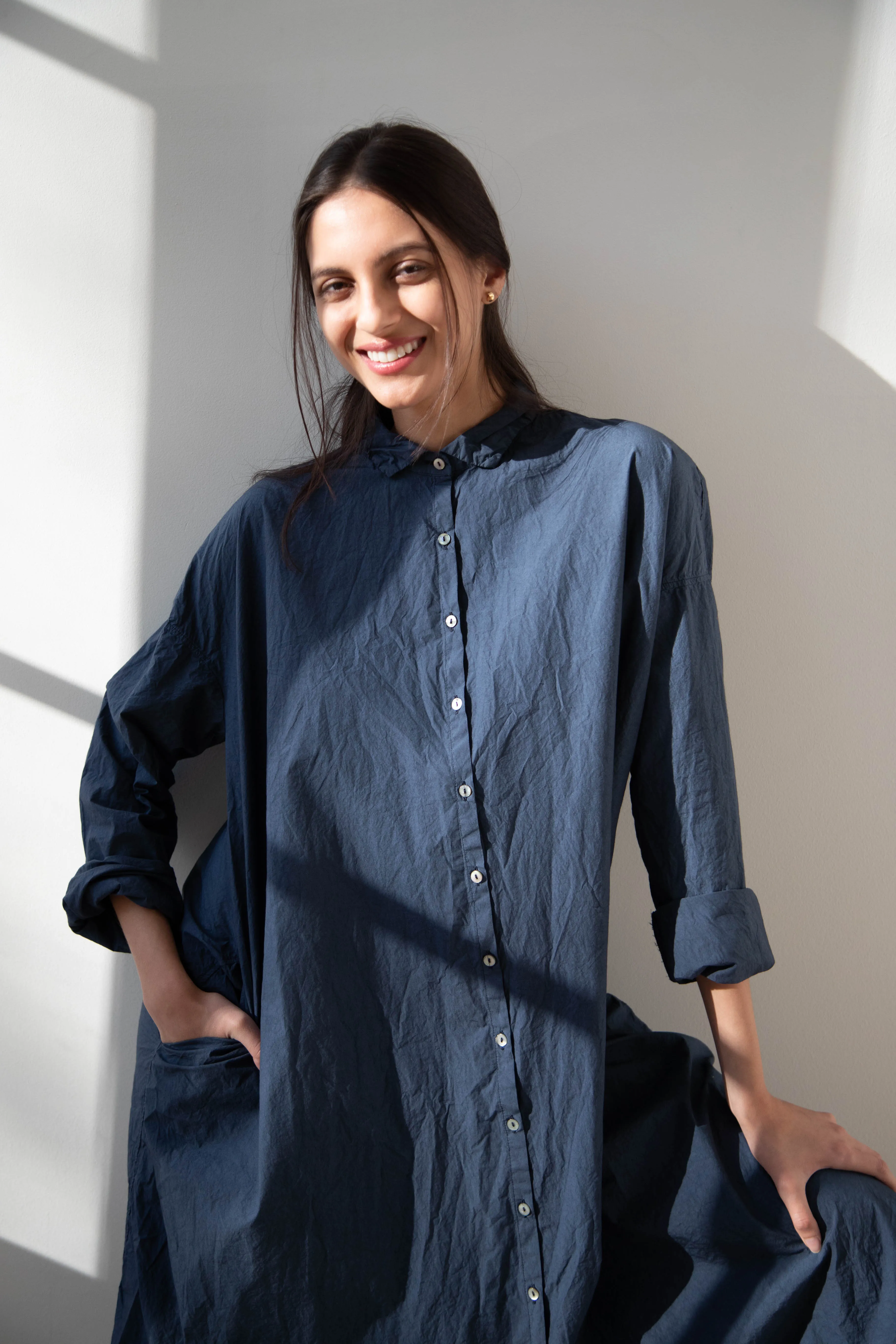 Album di Famiglia | TC Cotton Long Shirt Dress in Navy