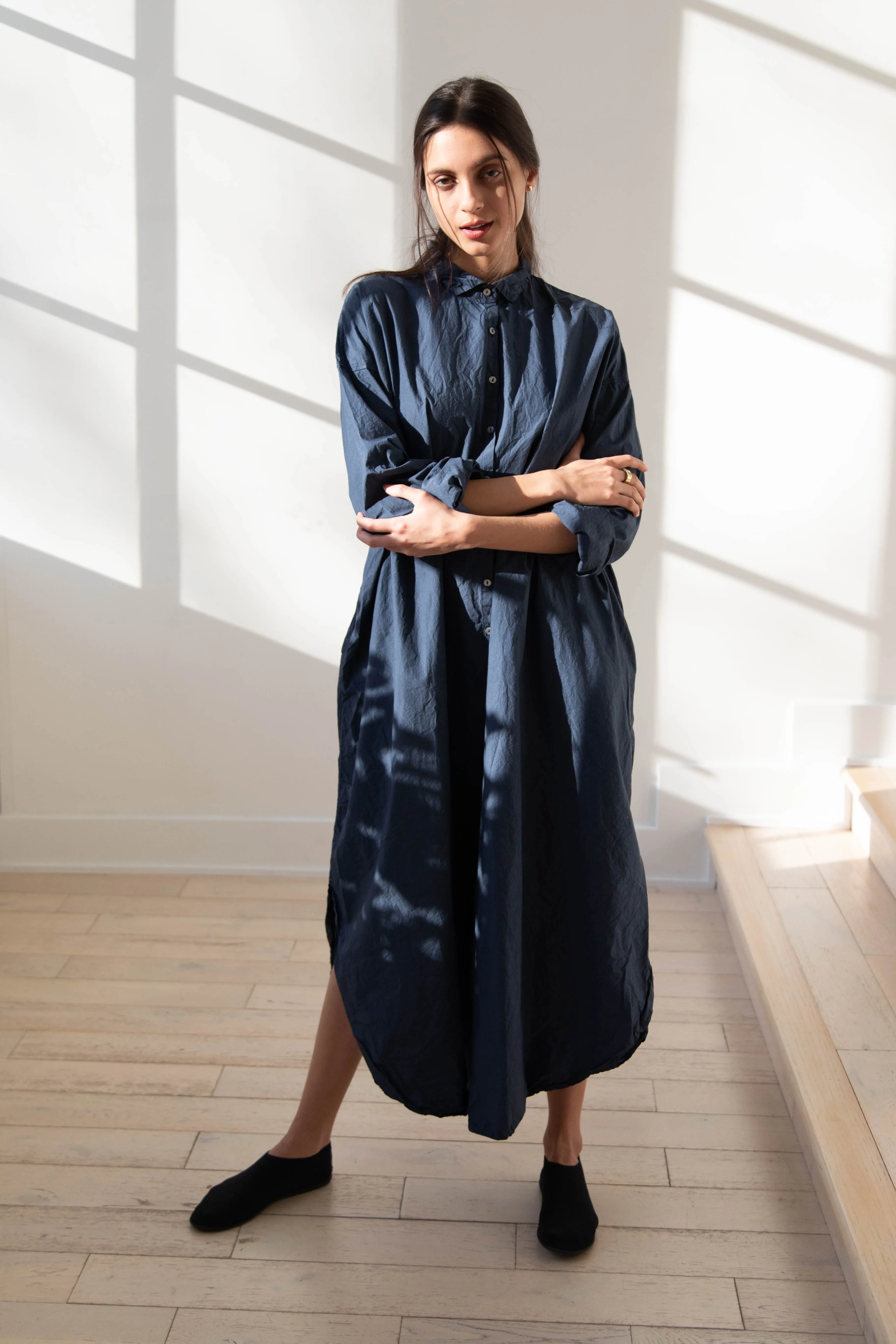 Album di Famiglia | TC Cotton Long Shirt Dress in Navy