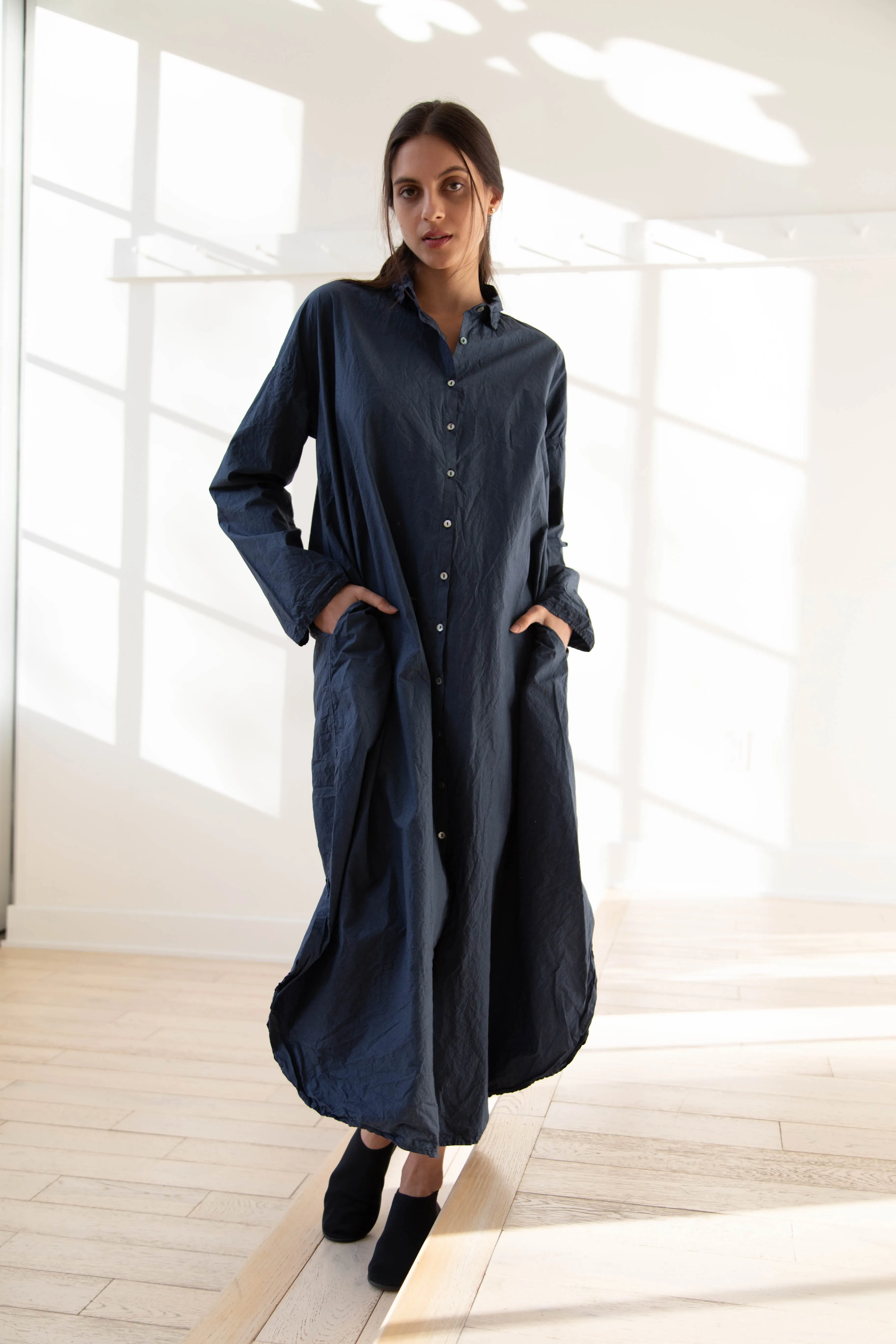 Album di Famiglia | TC Cotton Long Shirt Dress in Navy