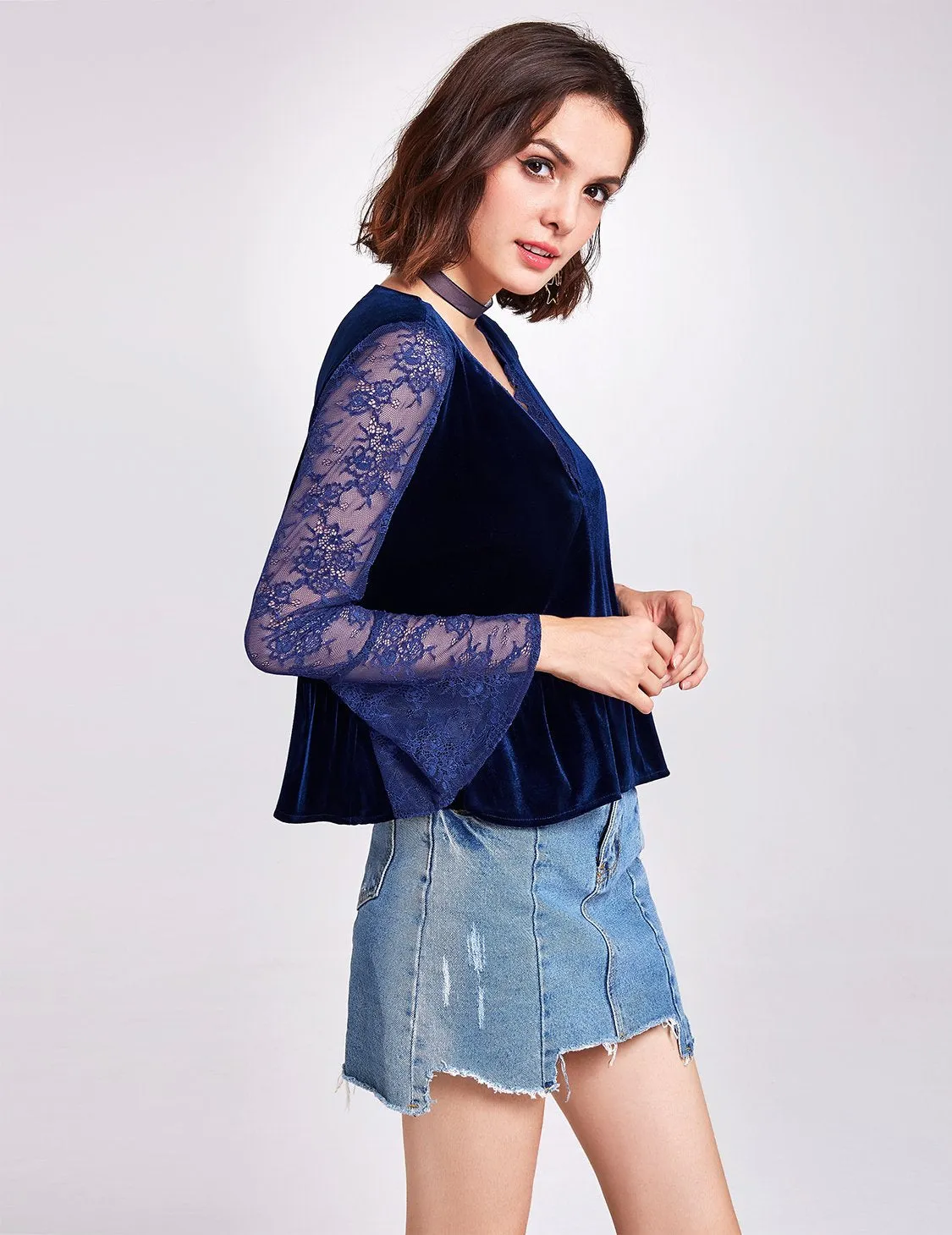 Alisapan Long Sleeve Lace and Velvet Top AS01132