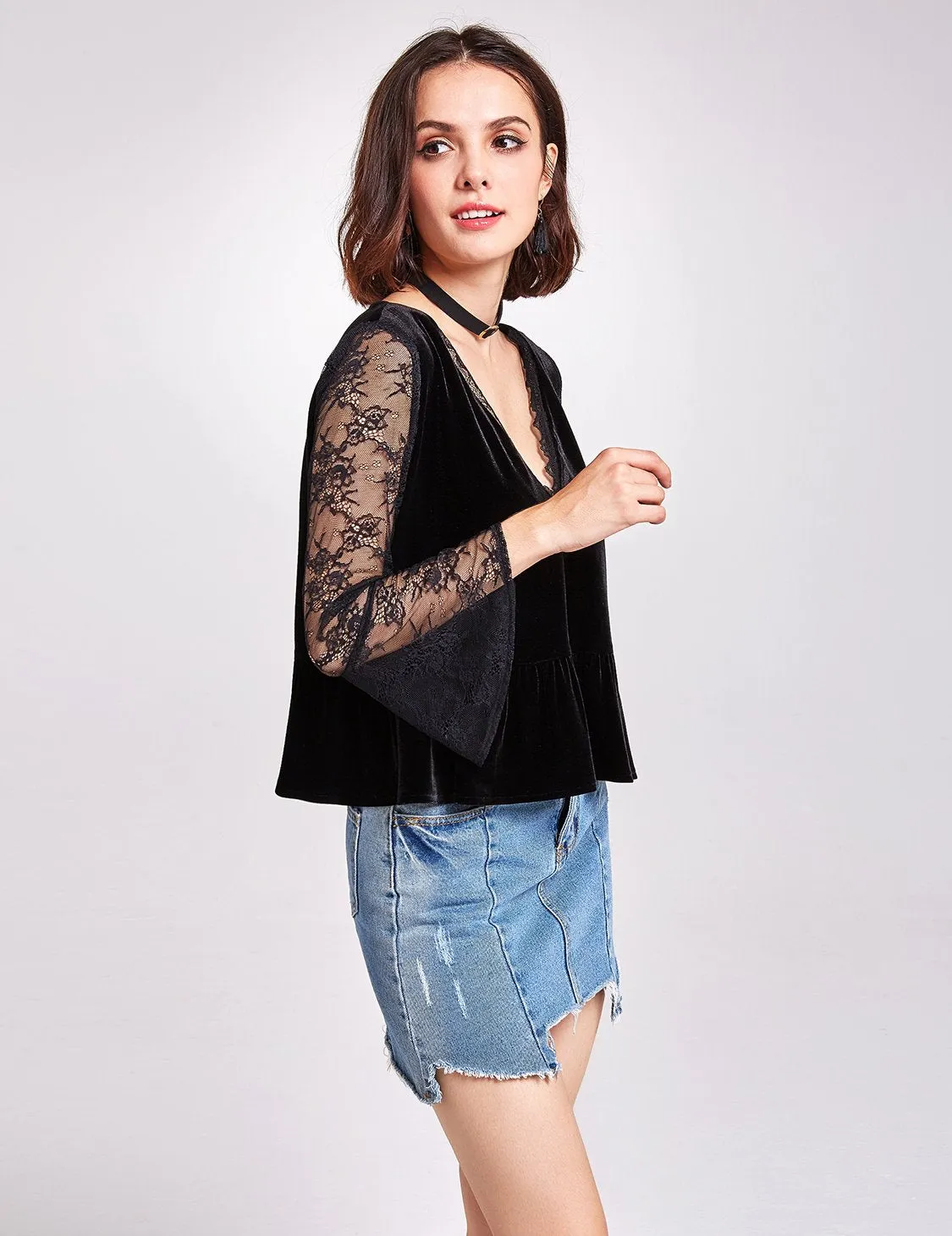 Alisapan Long Sleeve Lace and Velvet Top AS01132