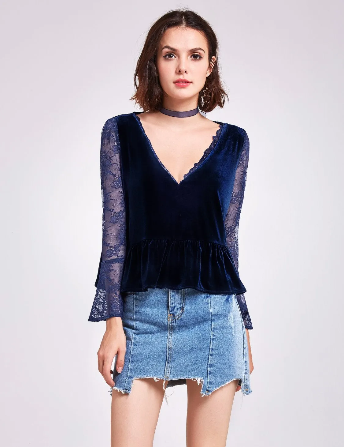 Alisapan Long Sleeve Lace and Velvet Top AS01132