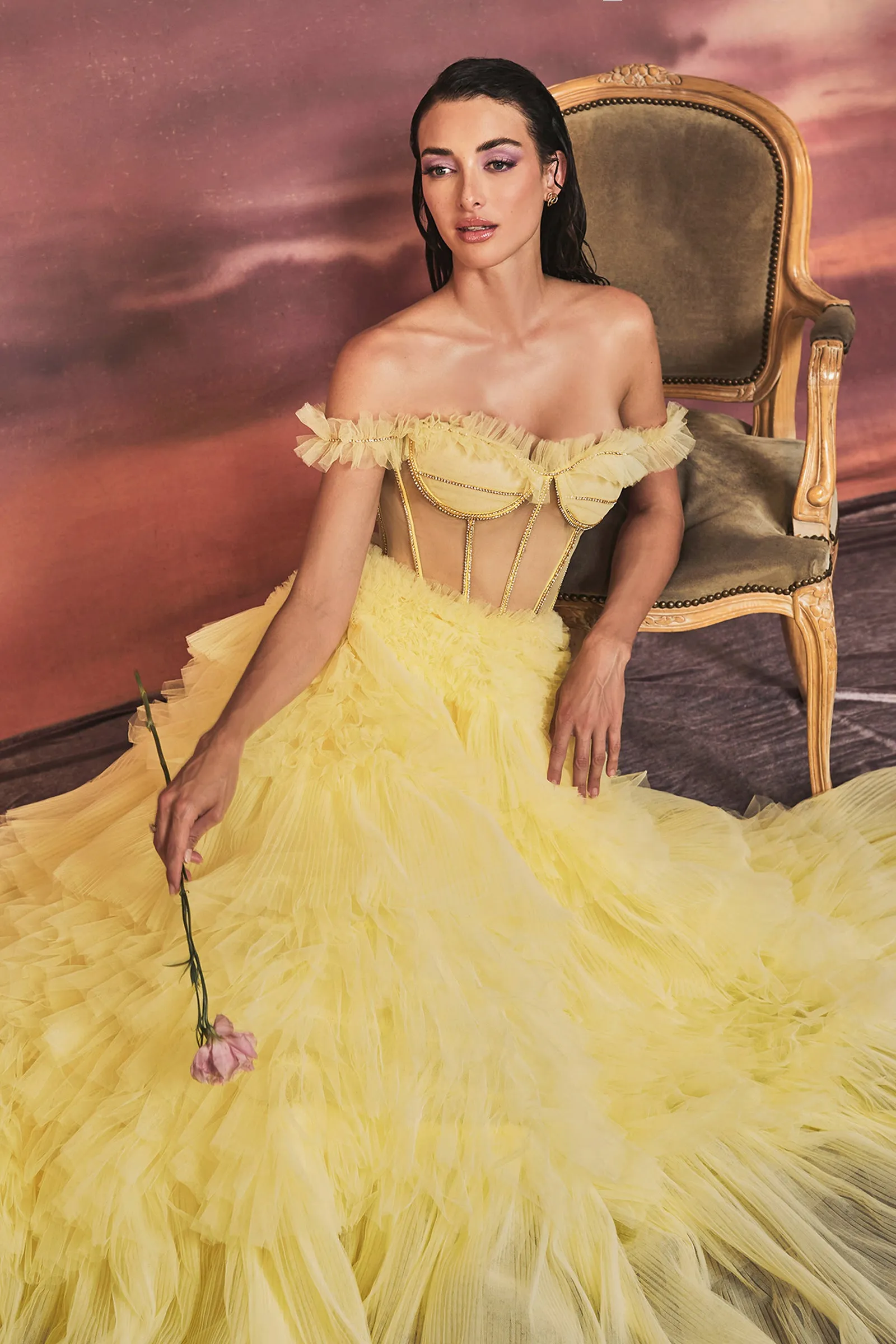 ANDREA & LEO A1150 Off Shoulder Bodice Riffle Tiered Ball Gown Dress