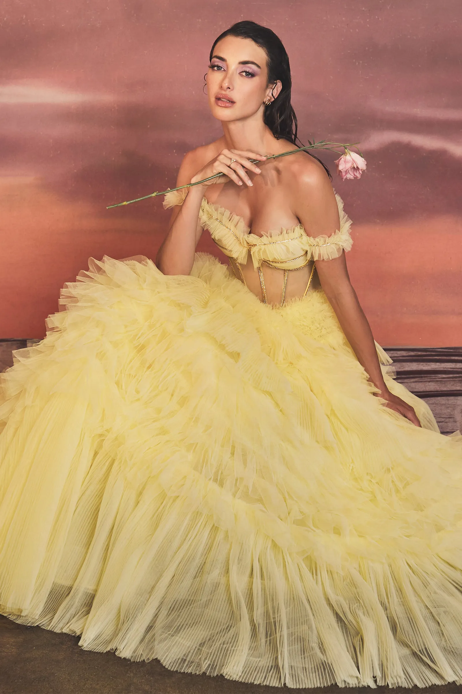 ANDREA & LEO A1150 Off Shoulder Bodice Riffle Tiered Ball Gown Dress