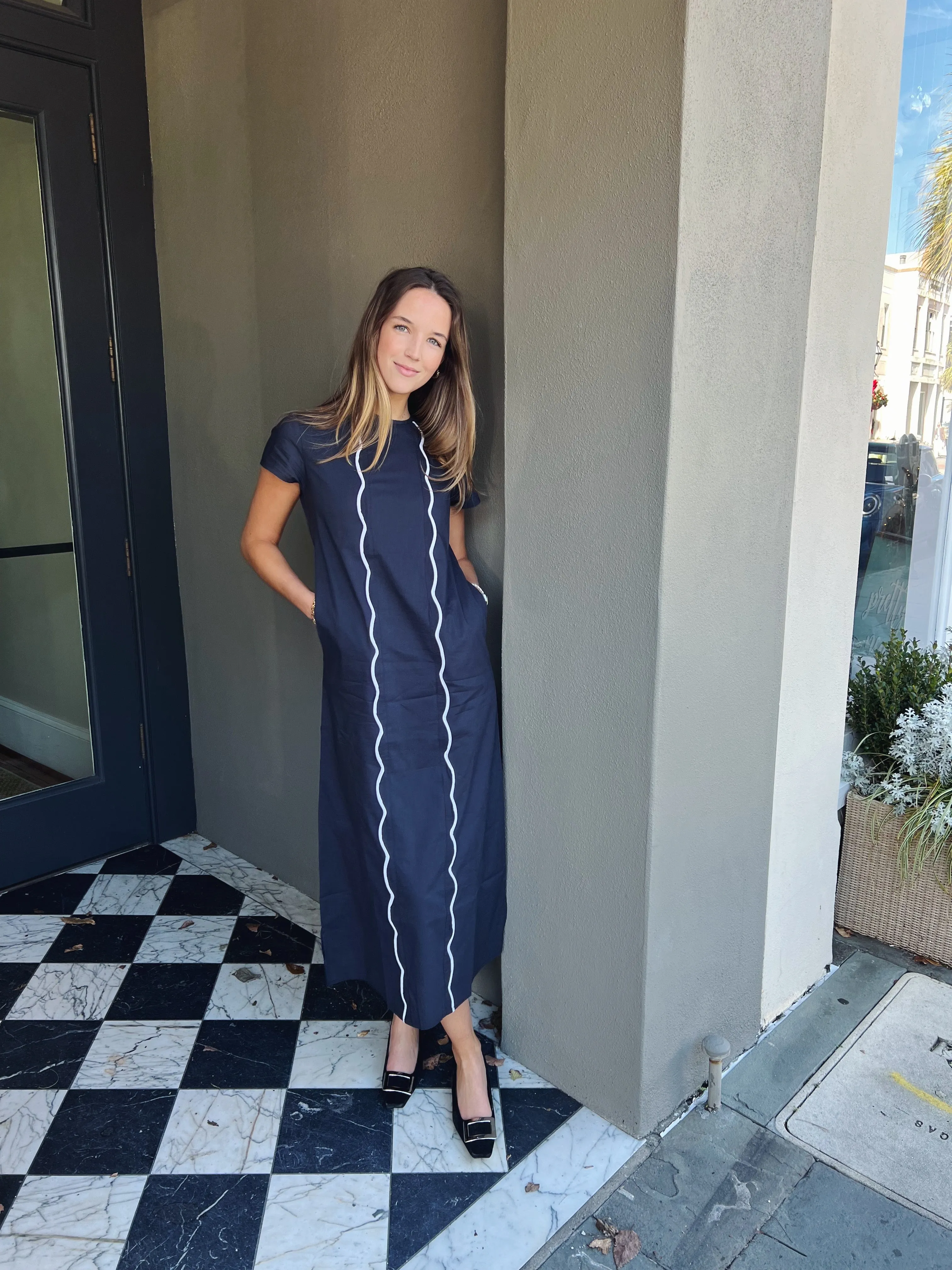 Anne Maxi Dress With Scallop Navy