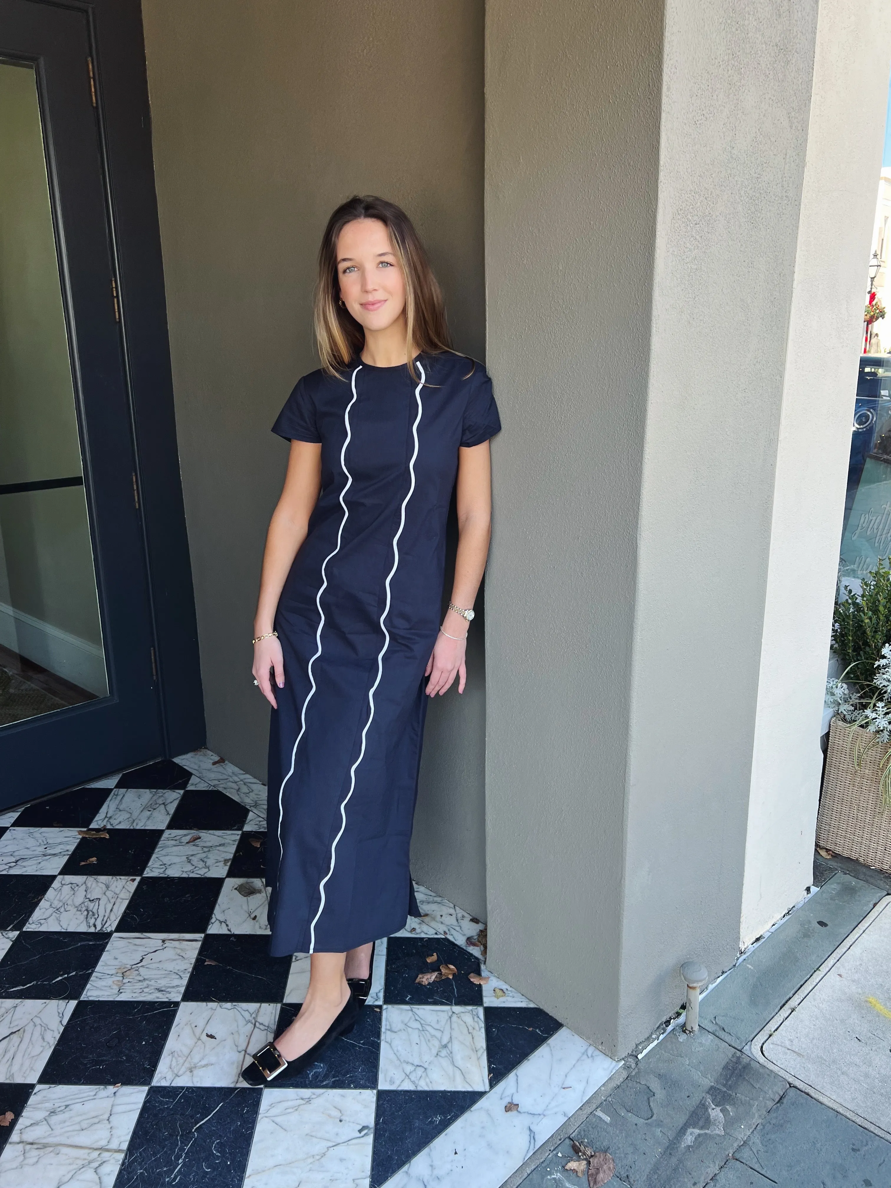 Anne Maxi Dress With Scallop Navy