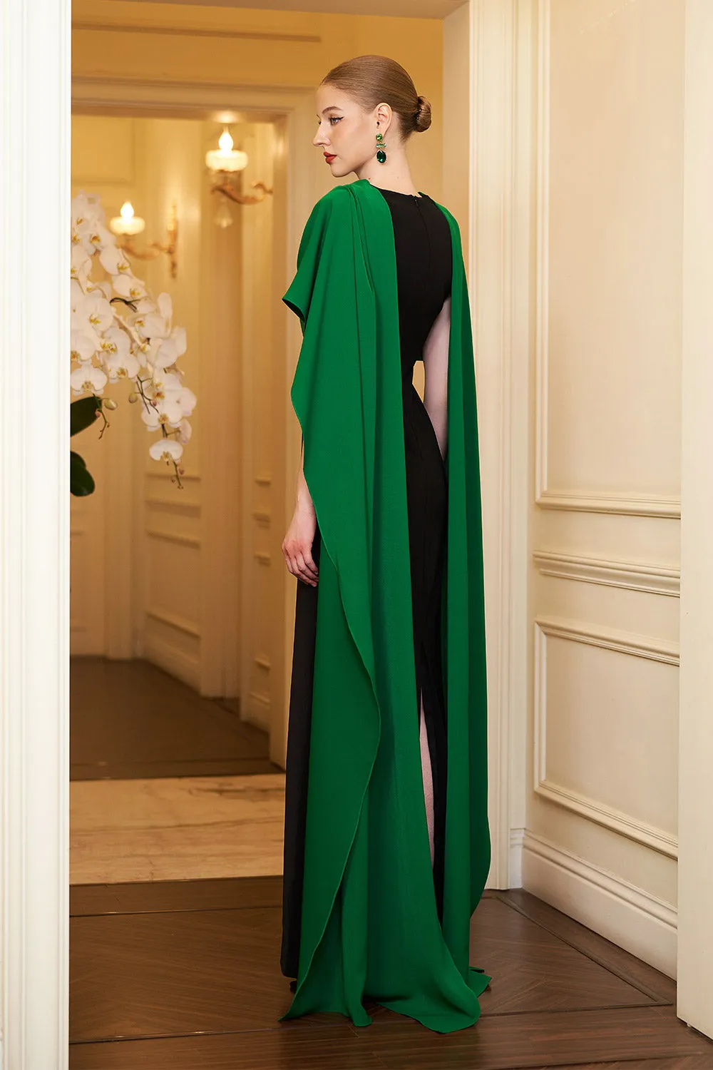 Autumn Cape V-Neck Crepe Floor Length Dress