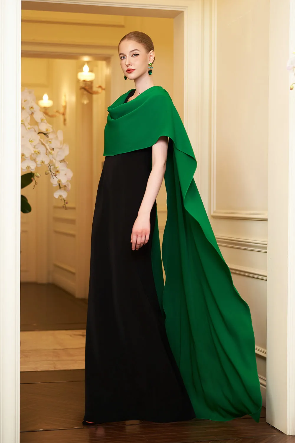 Autumn Cape V-Neck Crepe Floor Length Dress