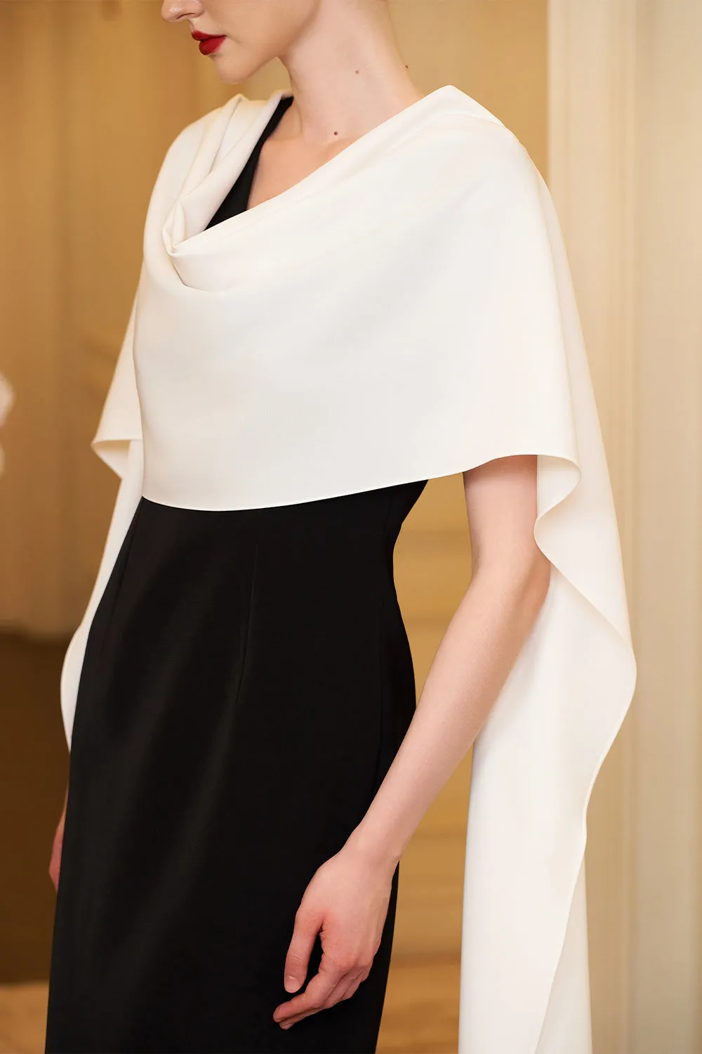 Autumn Cape V-Neck Crepe Floor Length Dress