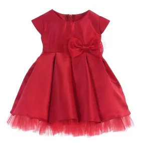 Baby Girls Red Satin Full Pleated Bow Accent Christmas Dress, Sizes 6-24M