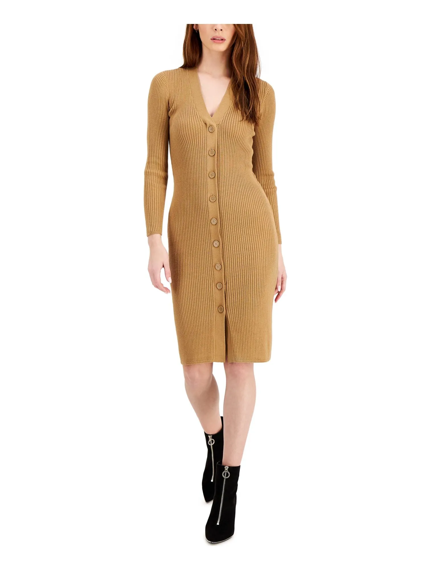 BAR III DRESSES Womens Brown Knit Ribbed Fitted Button Detail Long Sleeve V Neck Above The Knee Sweater Dress