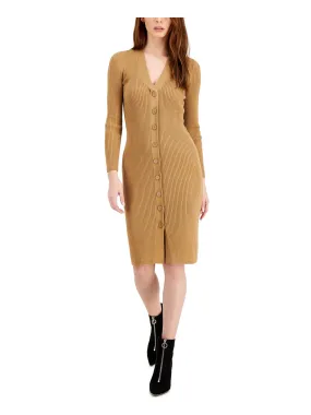 BAR III DRESSES Womens Brown Knit Ribbed Fitted Button Detail Long Sleeve V Neck Above The Knee Sweater Dress