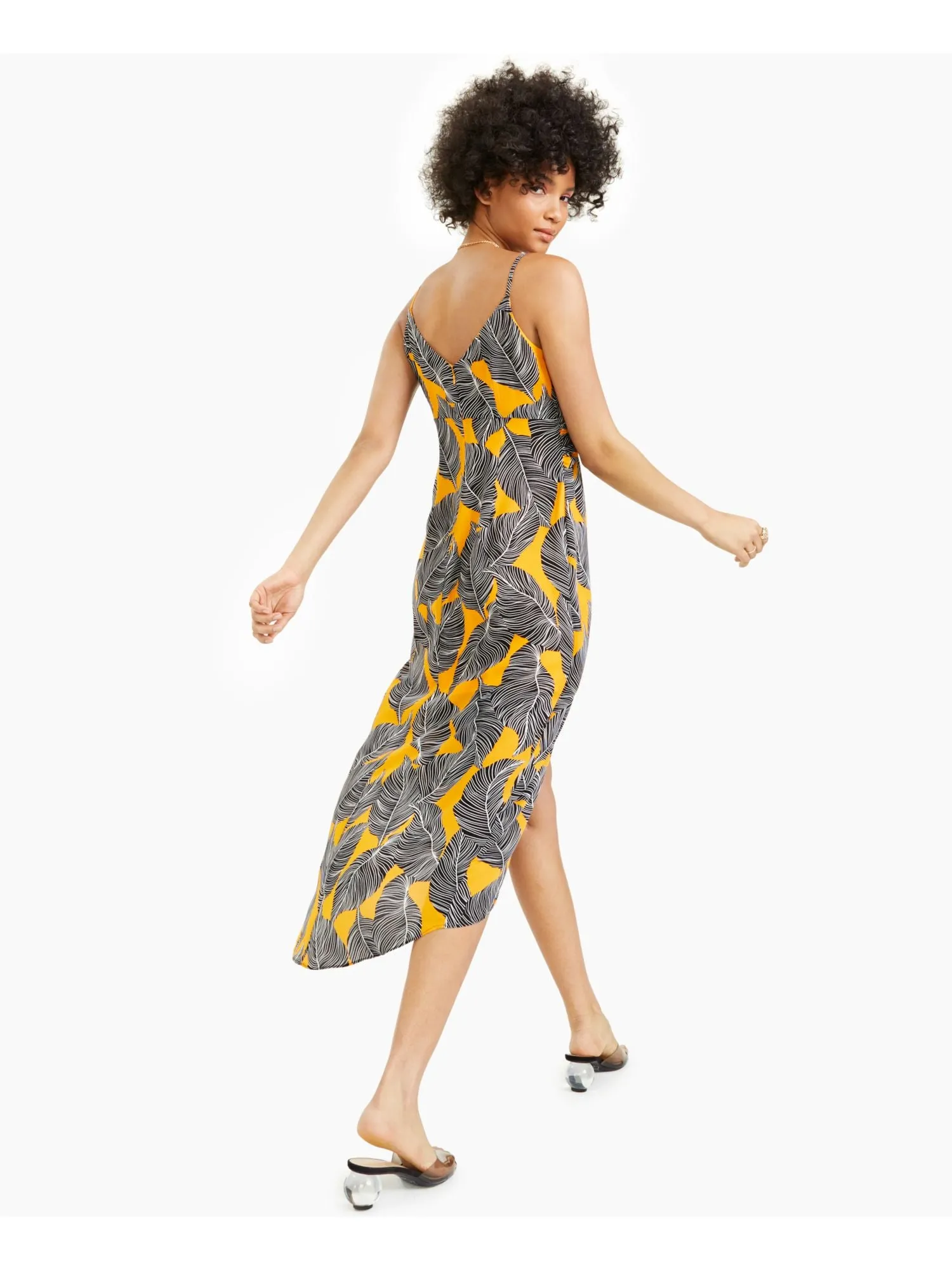 BAR III DRESSES Womens Twist Front Printed Spaghetti Strap V Neck Midi Tulip Dress