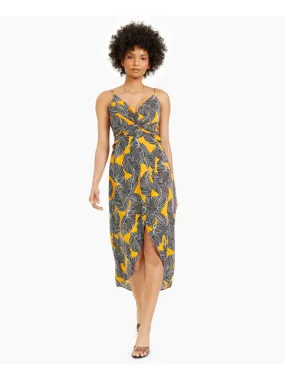 BAR III DRESSES Womens Twist Front Printed Spaghetti Strap V Neck Midi Tulip Dress
