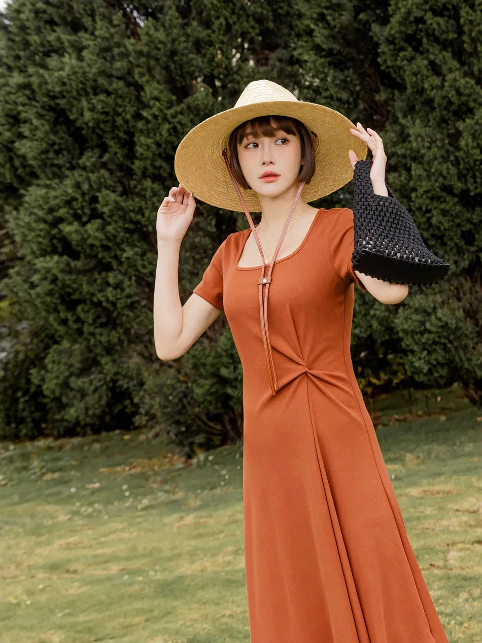 Basic Solid Square Neck Long Maxi Summer Swing Dress