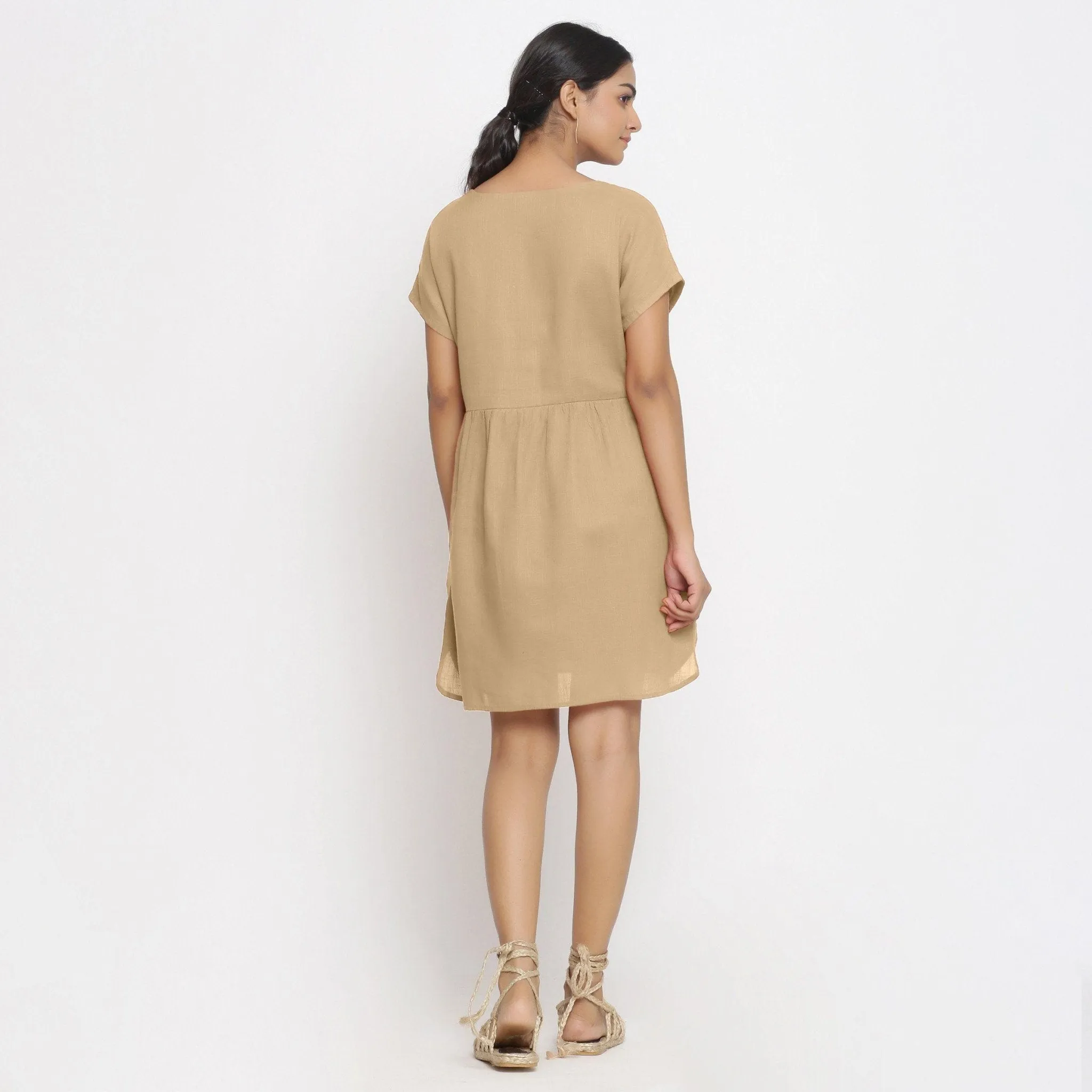 Beige 100% Cotton V-Neck Short Wrap Dress