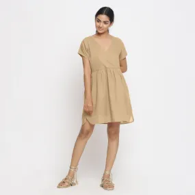 Beige 100% Cotton V-Neck Short Wrap Dress