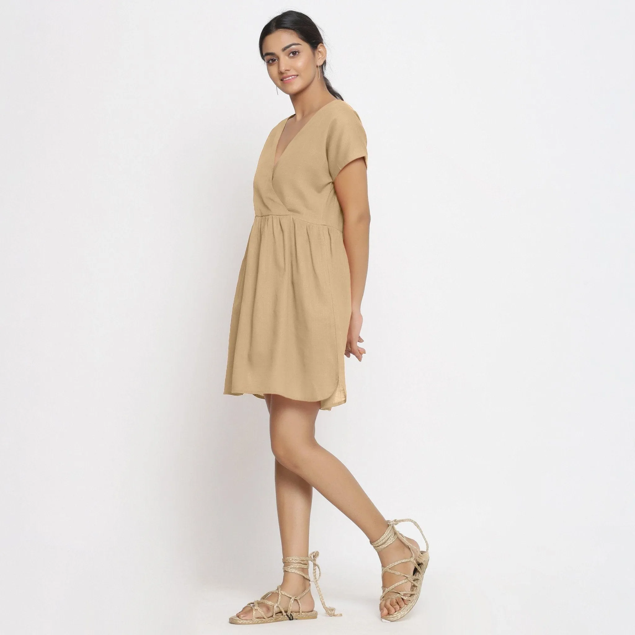 Beige 100% Cotton V-Neck Short Wrap Dress