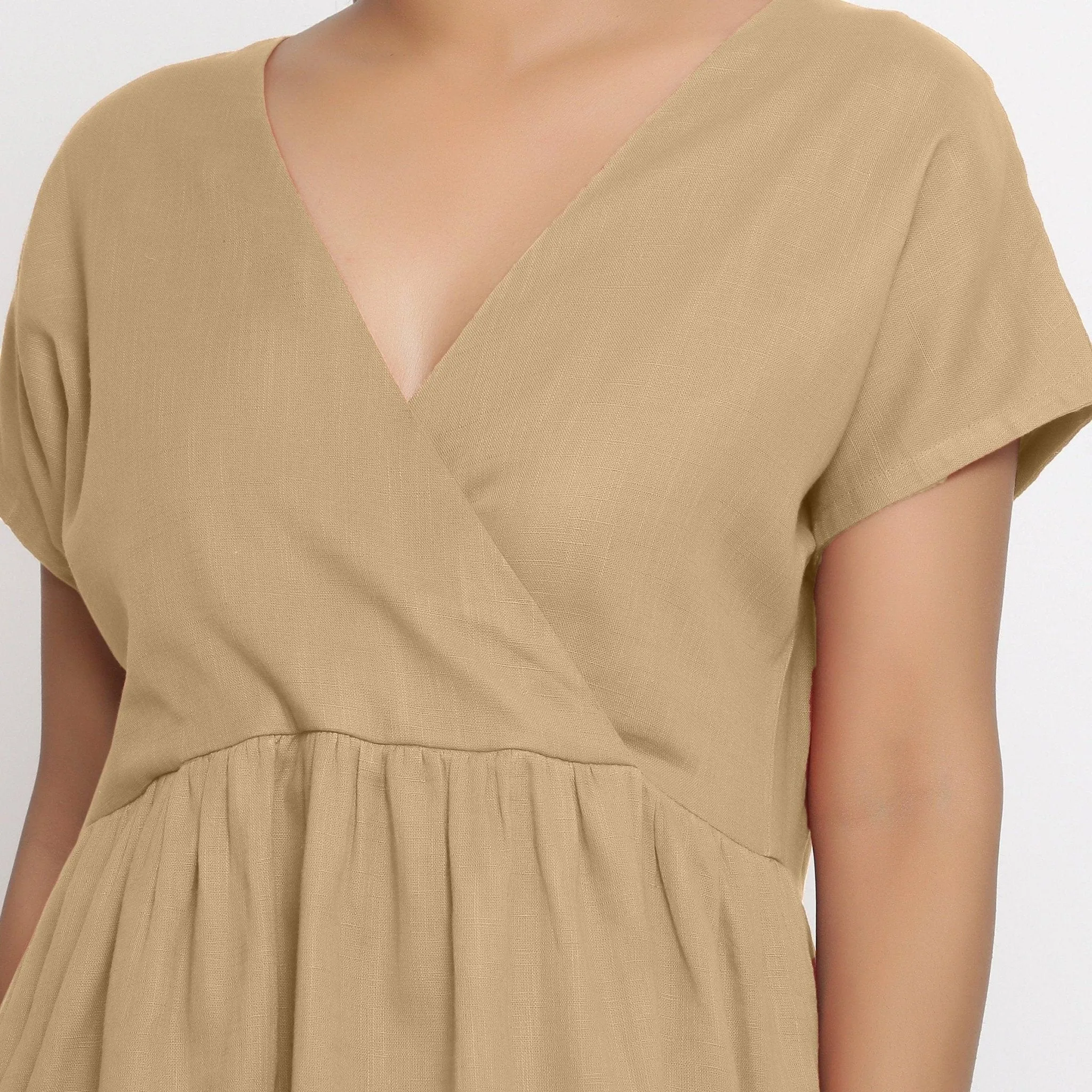 Beige 100% Cotton V-Neck Short Wrap Dress