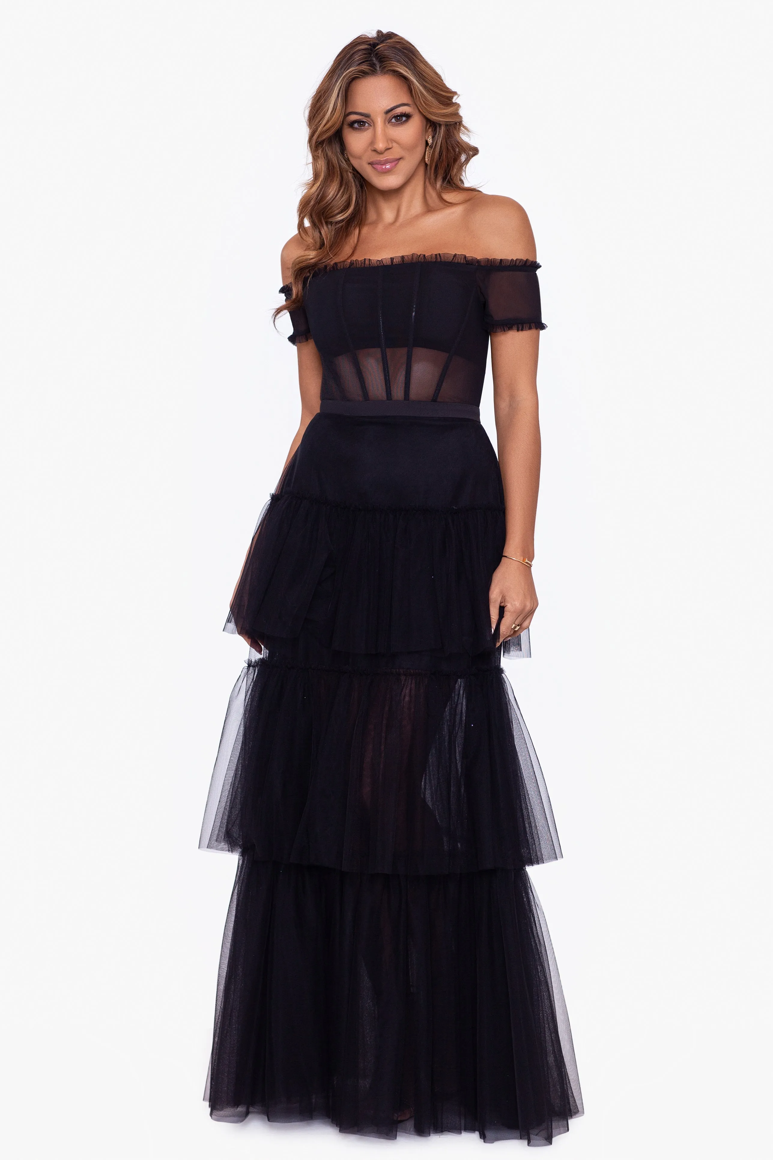 Betsy & Adam Ruffle Prom Dress A25047