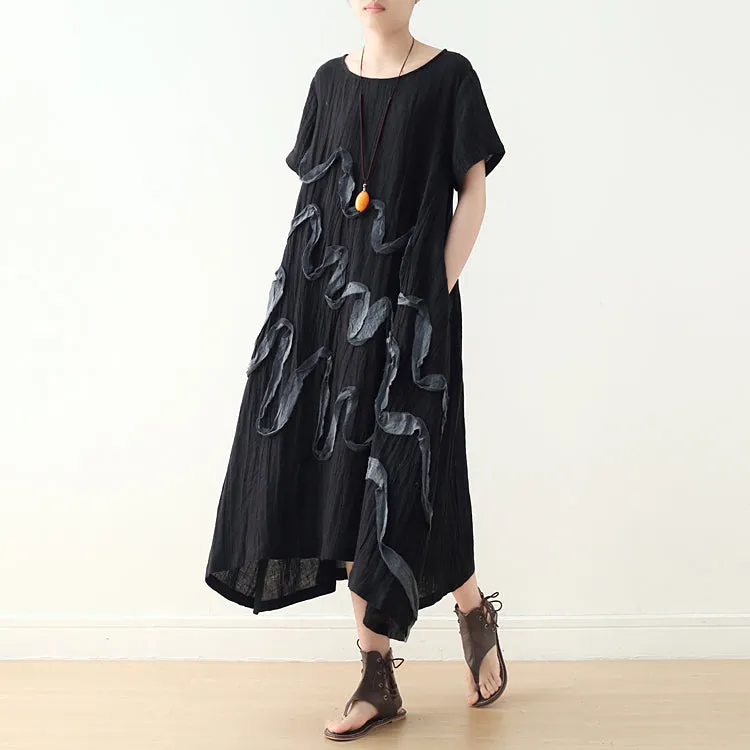 Black Applique Casual Summer Women Dresses Asymmetric Loose Shift Women Dresses AMT962322