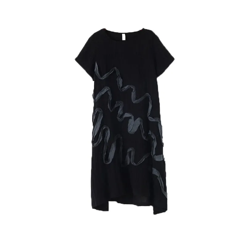 Black Applique Casual Summer Women Dresses Asymmetric Loose Shift Women Dresses AMT962322