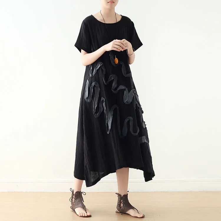 Black Applique Casual Summer Women Dresses Asymmetric Loose Shift Women Dresses AMT962322