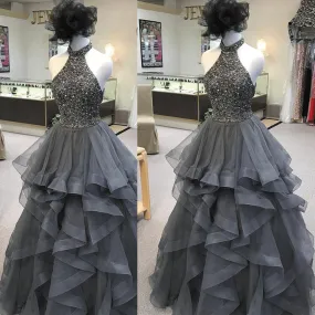 black beaded ball gown prom dresses 2020 high neck tiered tulle elegant real photo prom gown vestido de graduation