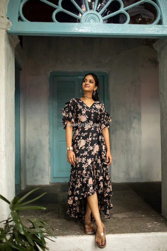 Black High Low Floral Dress With Ruffles