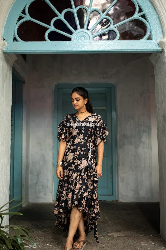 Black High Low Floral Dress With Ruffles