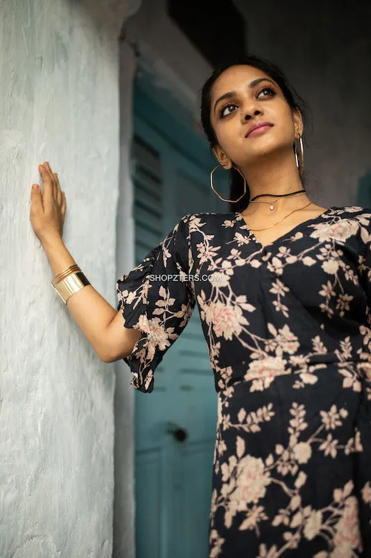 Black High Low Floral Dress With Ruffles