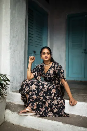 Black High Low Floral Dress With Ruffles