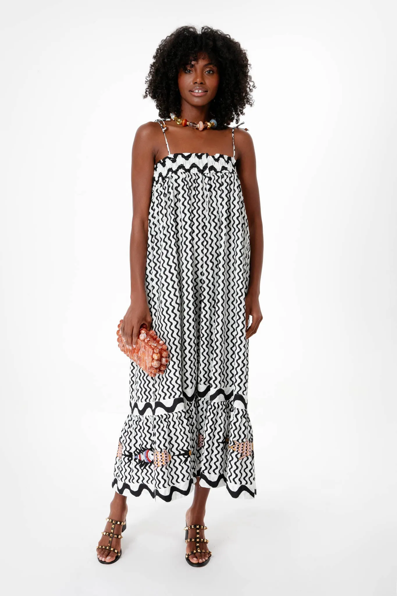 Black Ripple Tie Strap Smocked Straight Midi Dress