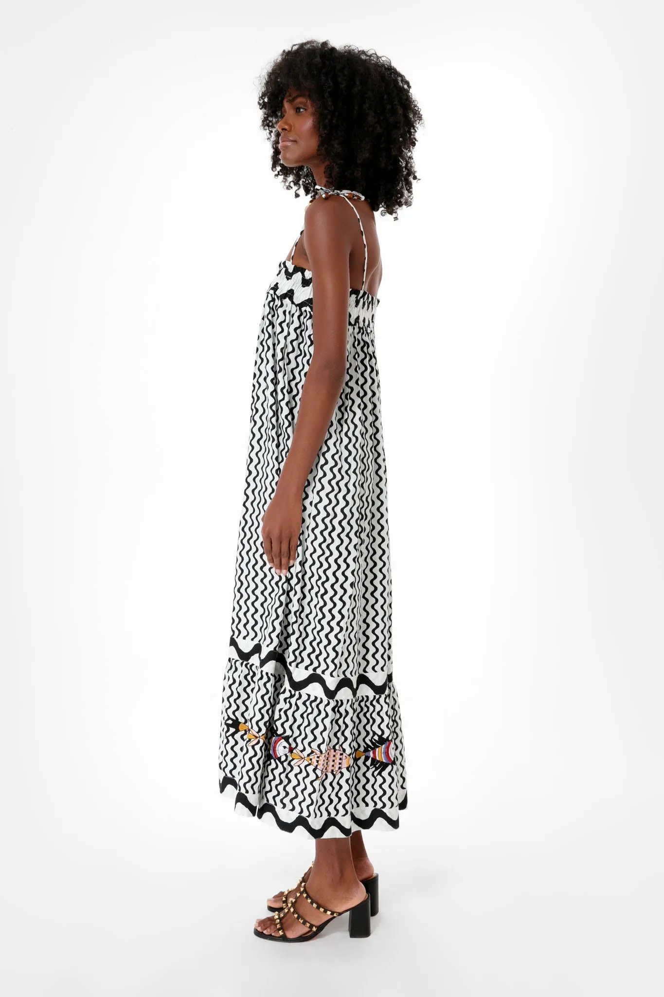 Black Ripple Tie Strap Smocked Straight Midi Dress