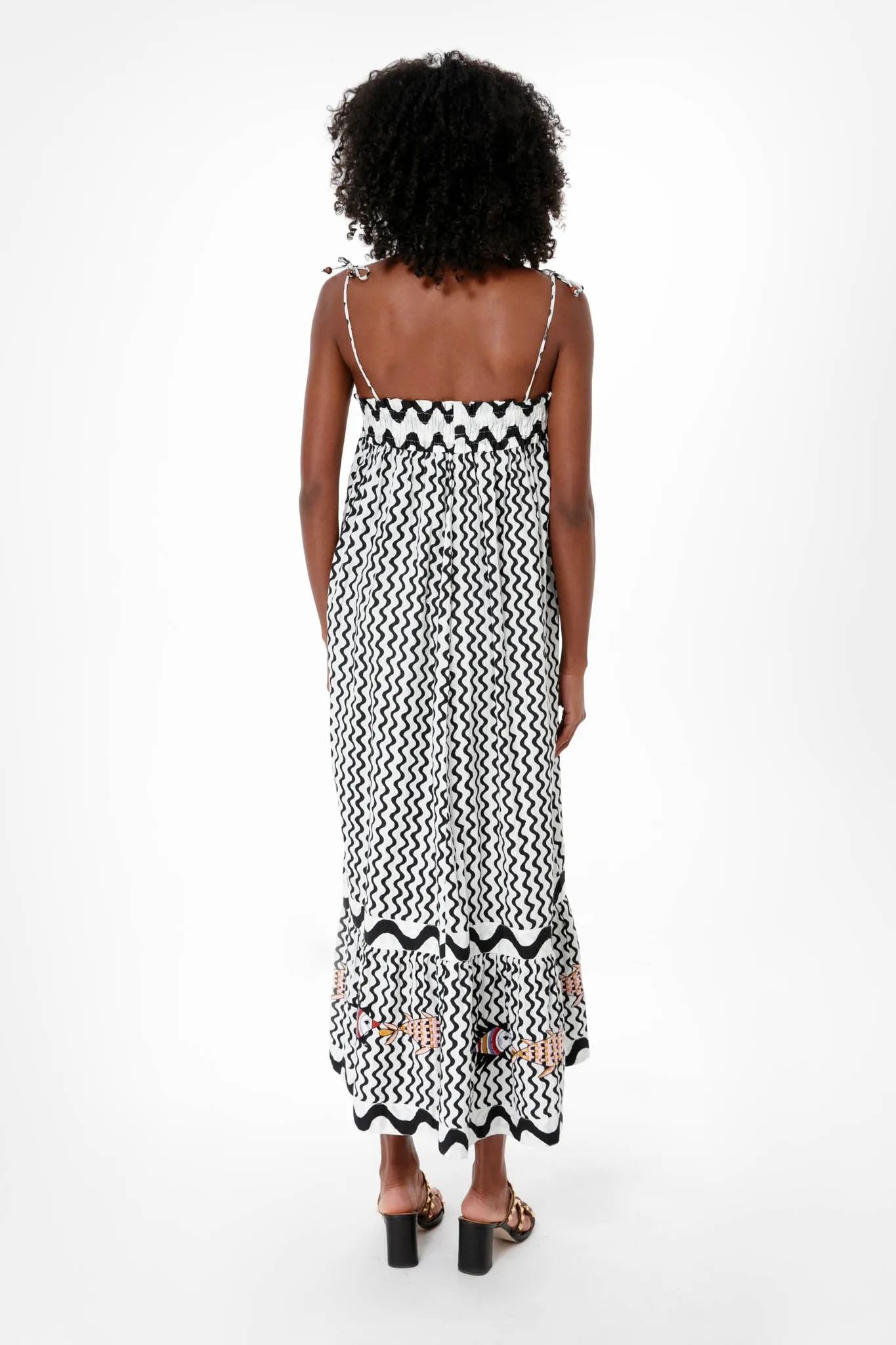 Black Ripple Tie Strap Smocked Straight Midi Dress