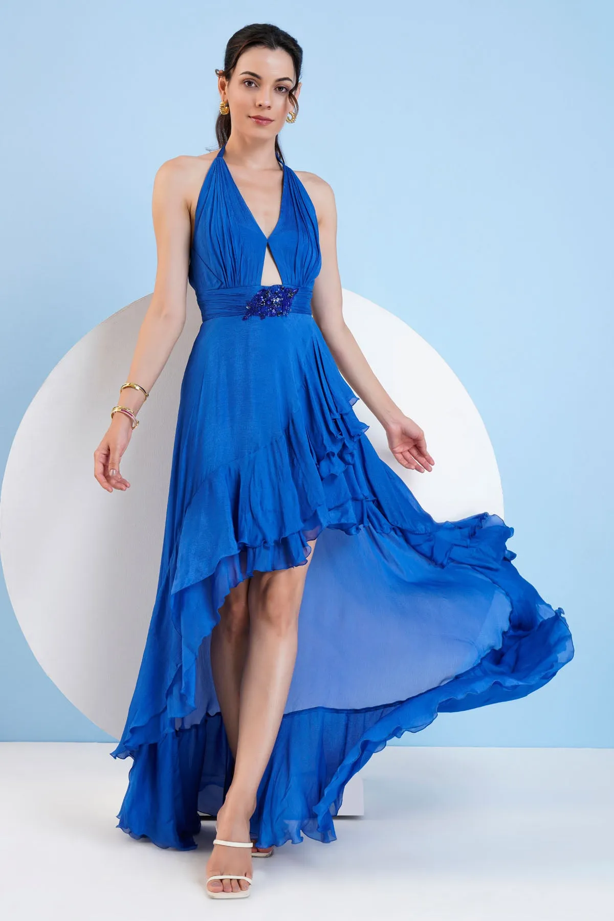 Blue Halter Asymmetric Dress