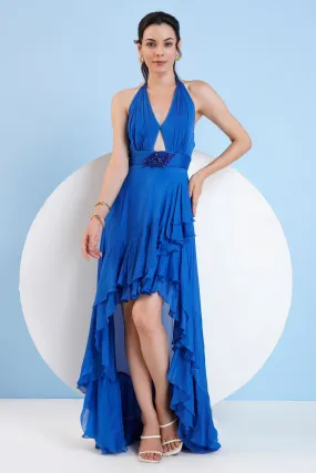 Blue Halter Asymmetric Dress