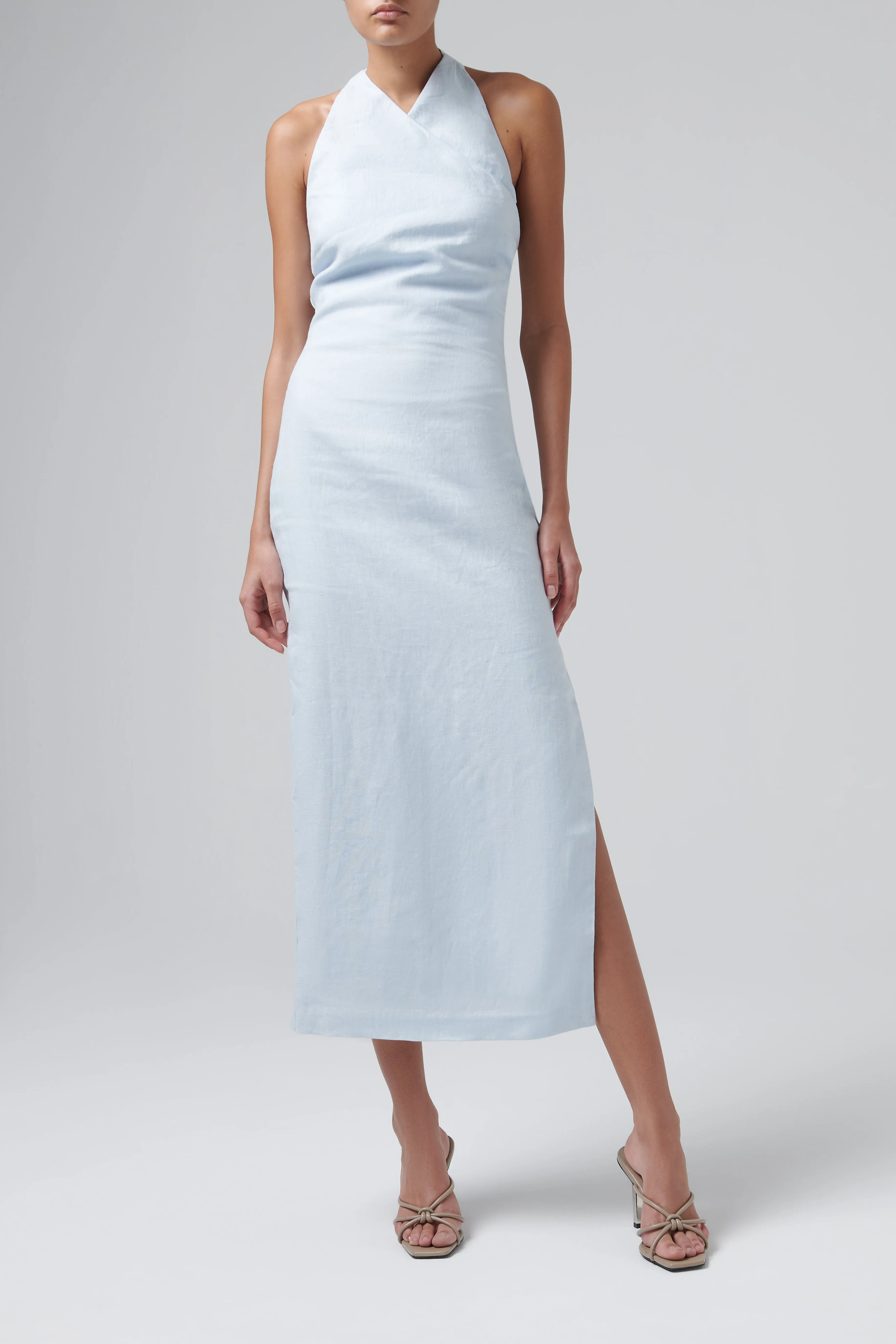 Blue Iris Halter Linen Midi Dress